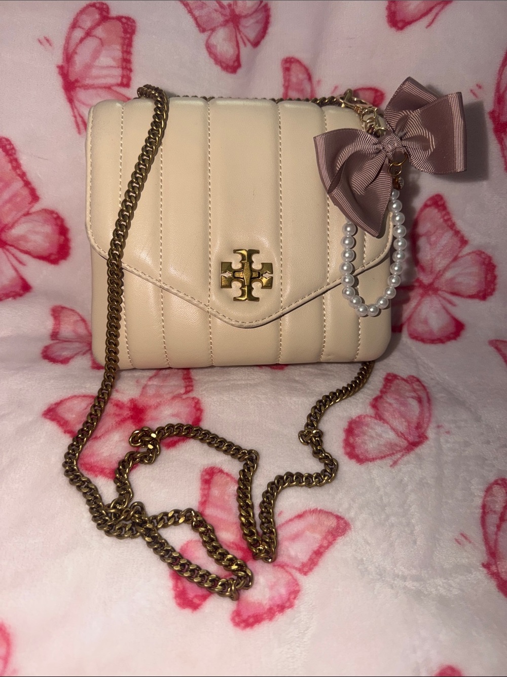 Tory Burch Cream Quilted Leather Crossbody with Bow & Pearl Charm